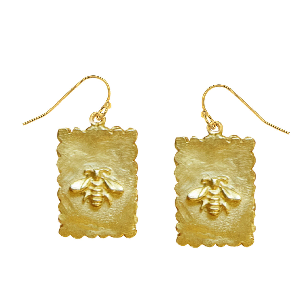 Triple-plated gold bee stamp earrings with intricate insect designs on a post silhouette.