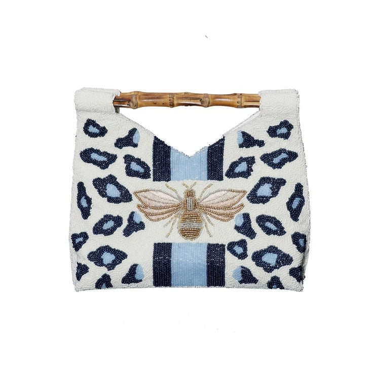 Blue Bee Beauty Beaded Clutch with leopard print, bee motif, and bamboo handle.