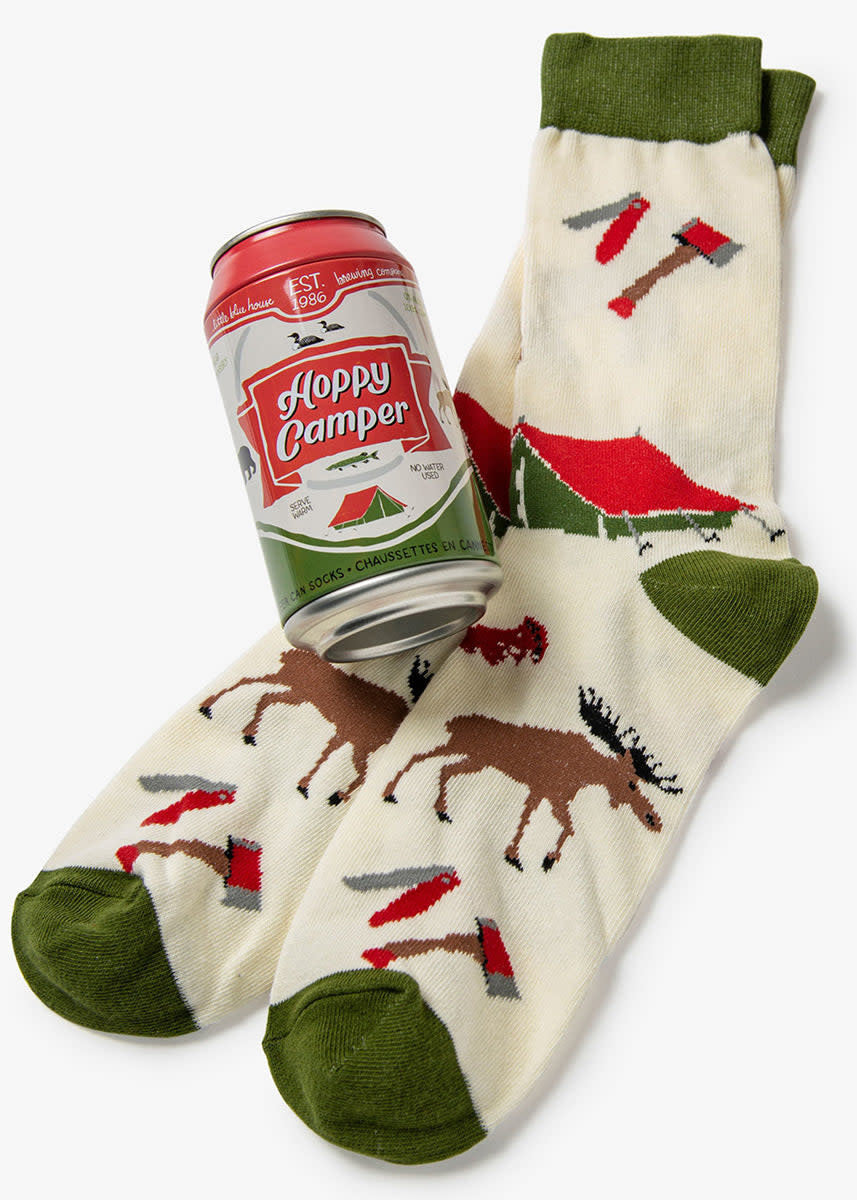 Men's crew socks in beige cotton blend featuring a printed beer can camping scene with contrast heel and toe.