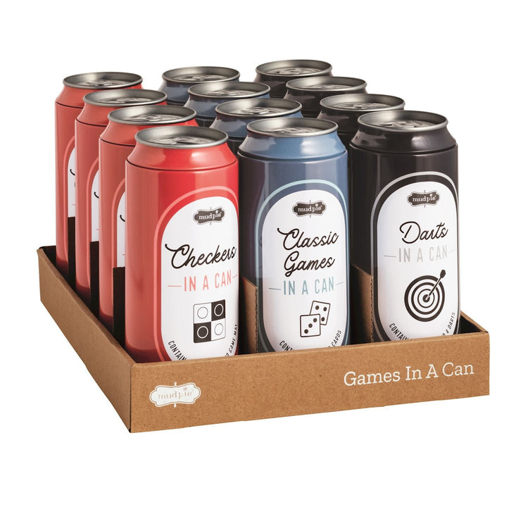 Aluminum twist-top beer can holding checkers, darts cards, dice in kraft displayer