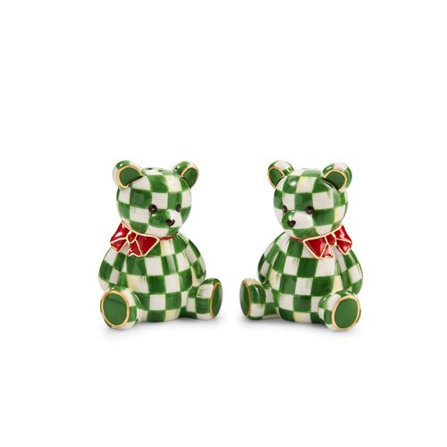 Emerald Check Holiday Bear Salt & Pepper Set featuring two ceramic bears with red bows.