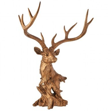 28-inch bronze-finished resin Grand Highlands deer bust with large antlers on a wood-like base.