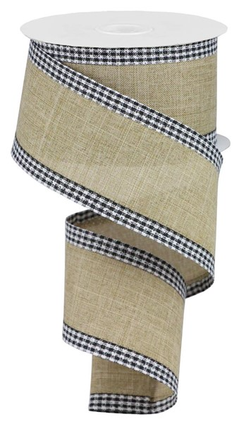 Beige burlap-style ribbon with black and white gingham edges on a spool.
