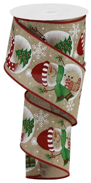 2.5-inch wide burlap-style ribbon featuring a snowman, Christmas tree, and snowflake print.