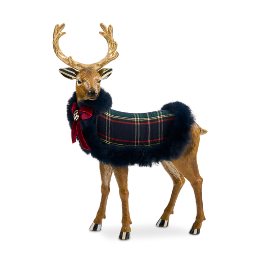 Timeless Tartan Standing Deer figurine with gold antlers, a plaid coat, and a red velvet bow.
