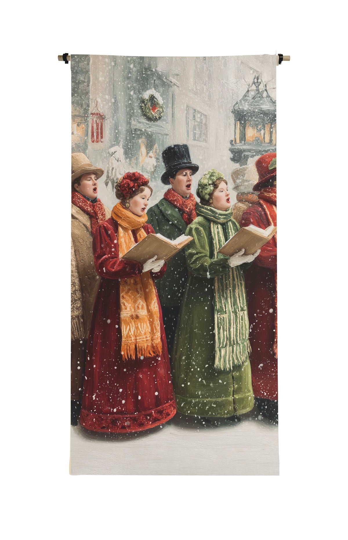 Traditional carollers in Victorian attire singing from books on a hanging canvas scroll.