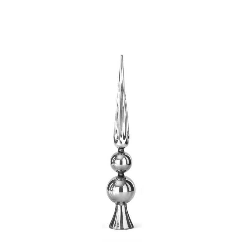 Silver glass finial tree topper with a reflective finish, two spheres, and a ribbed pointed top.