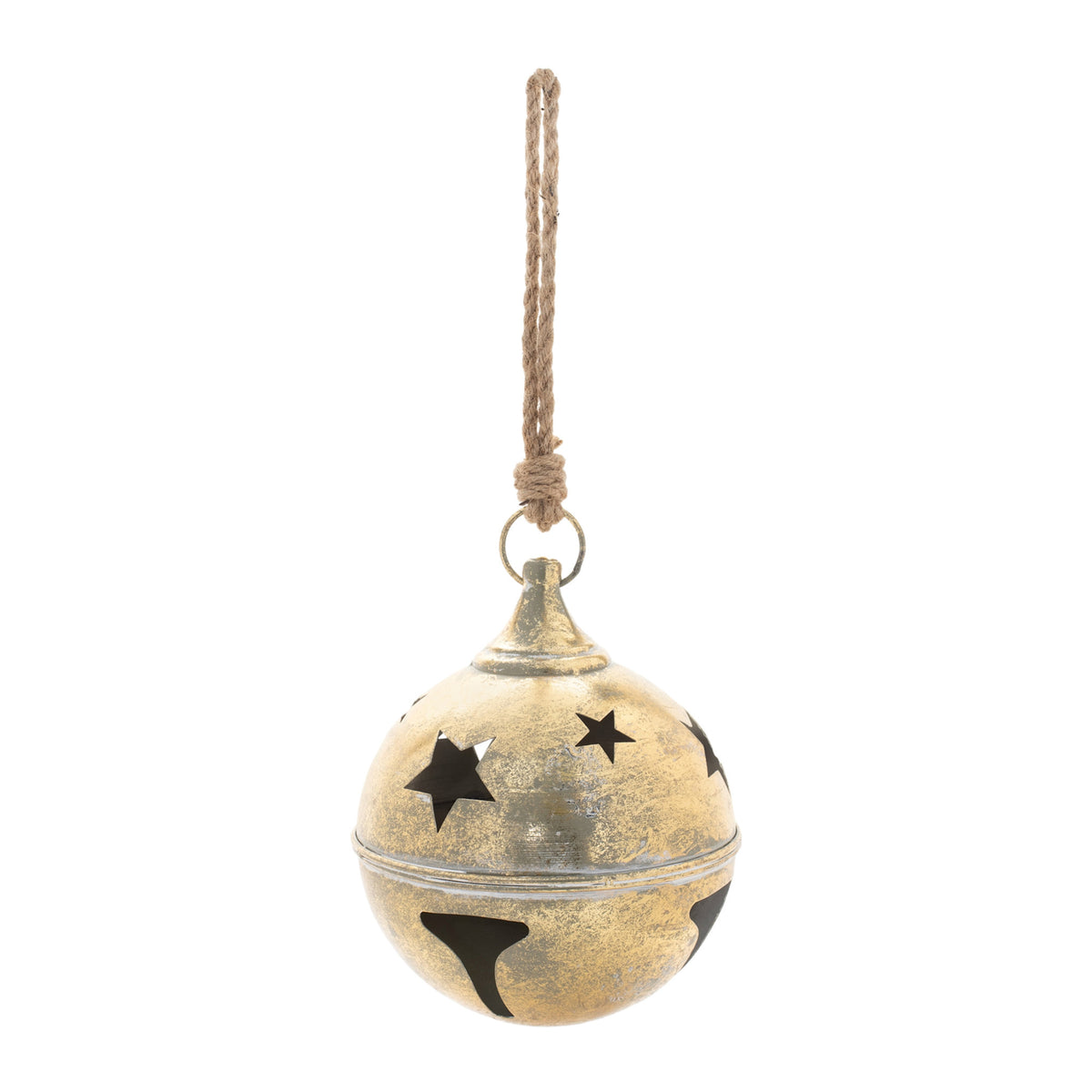 Distressed gold metal jingle bell ornament with star cutouts and a rustic rope hanger.