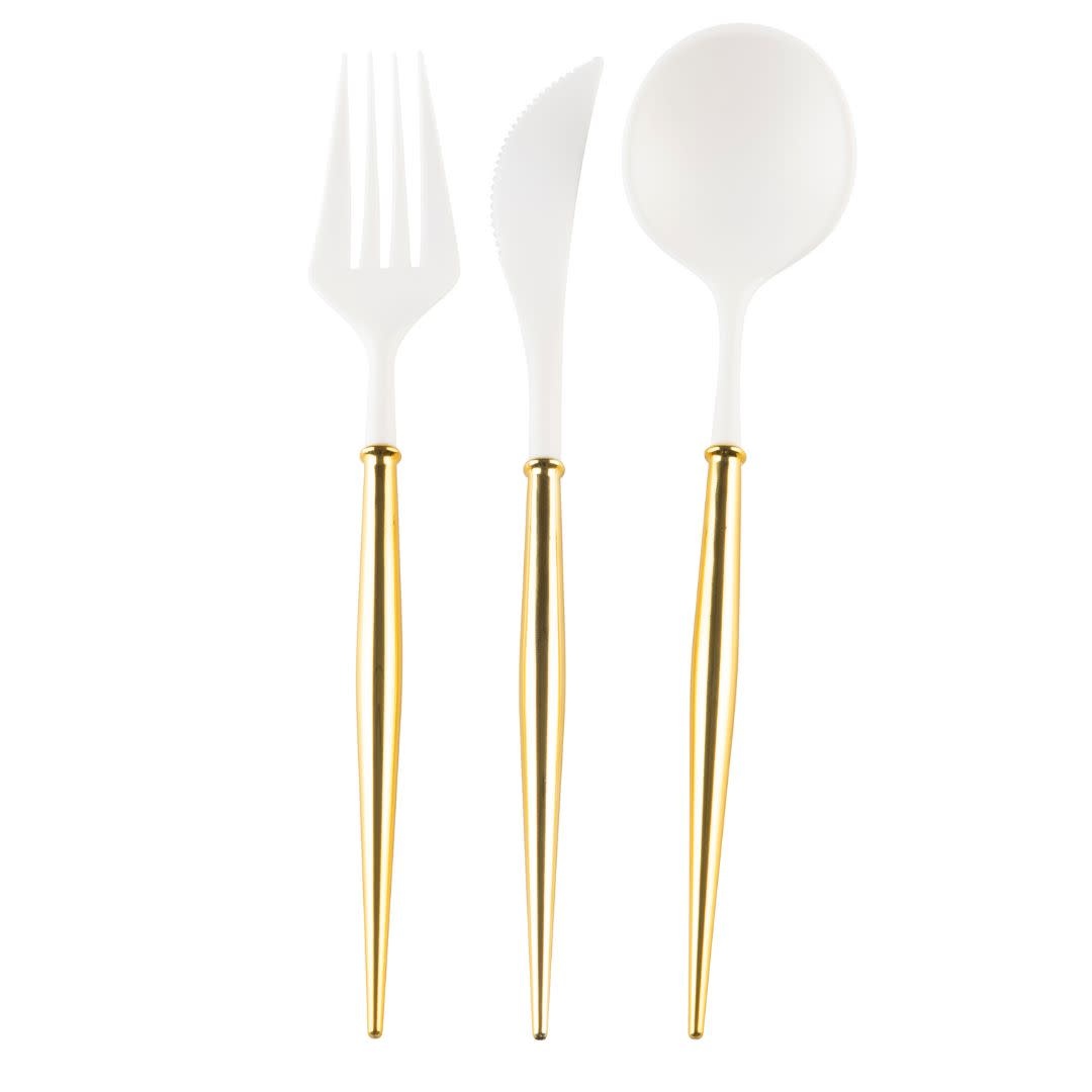 White disposable cutlery set with blush handles featuring a modern sleek design.
