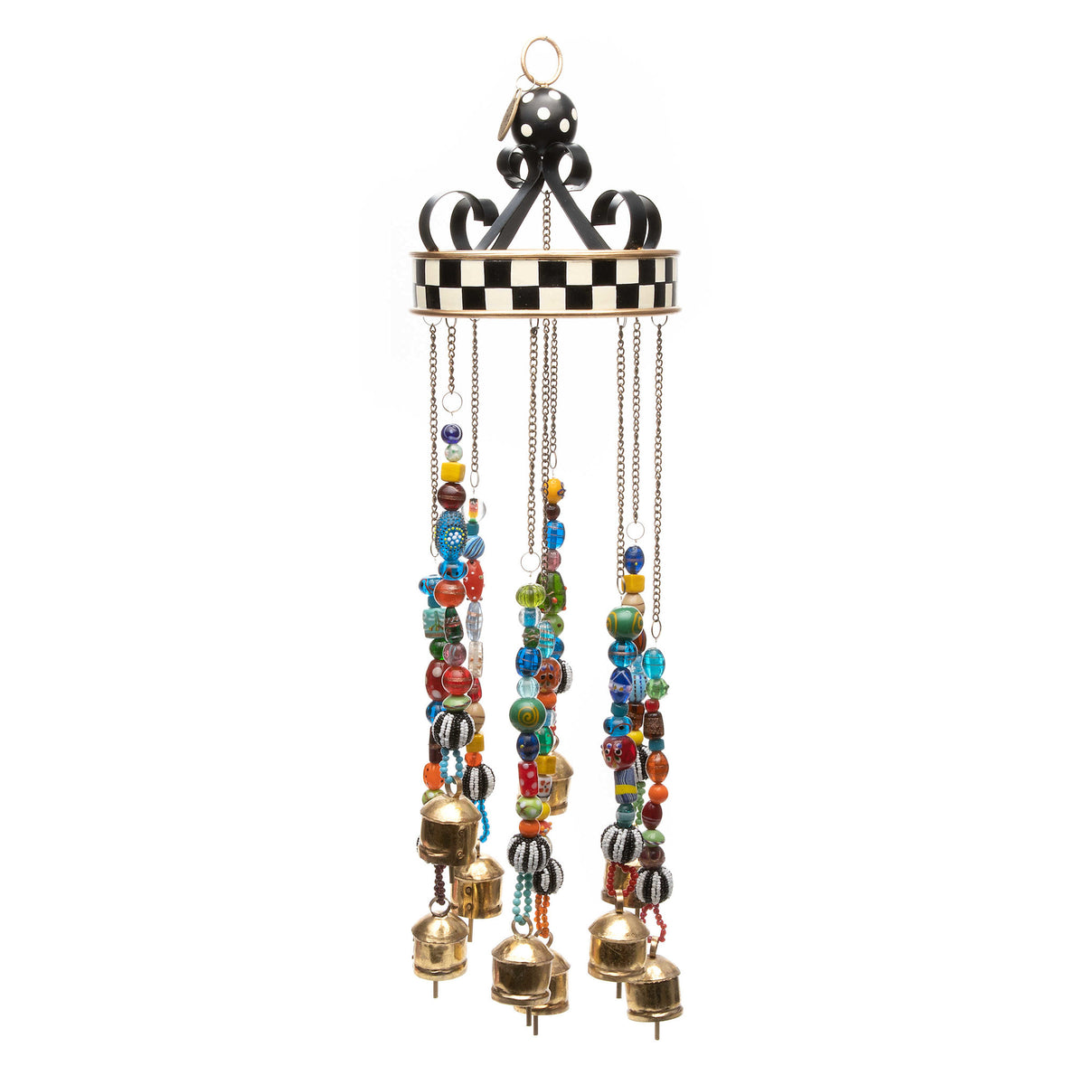 Handmade wind chimes with brass bells, glass beads, iron frame, and checked metal top.