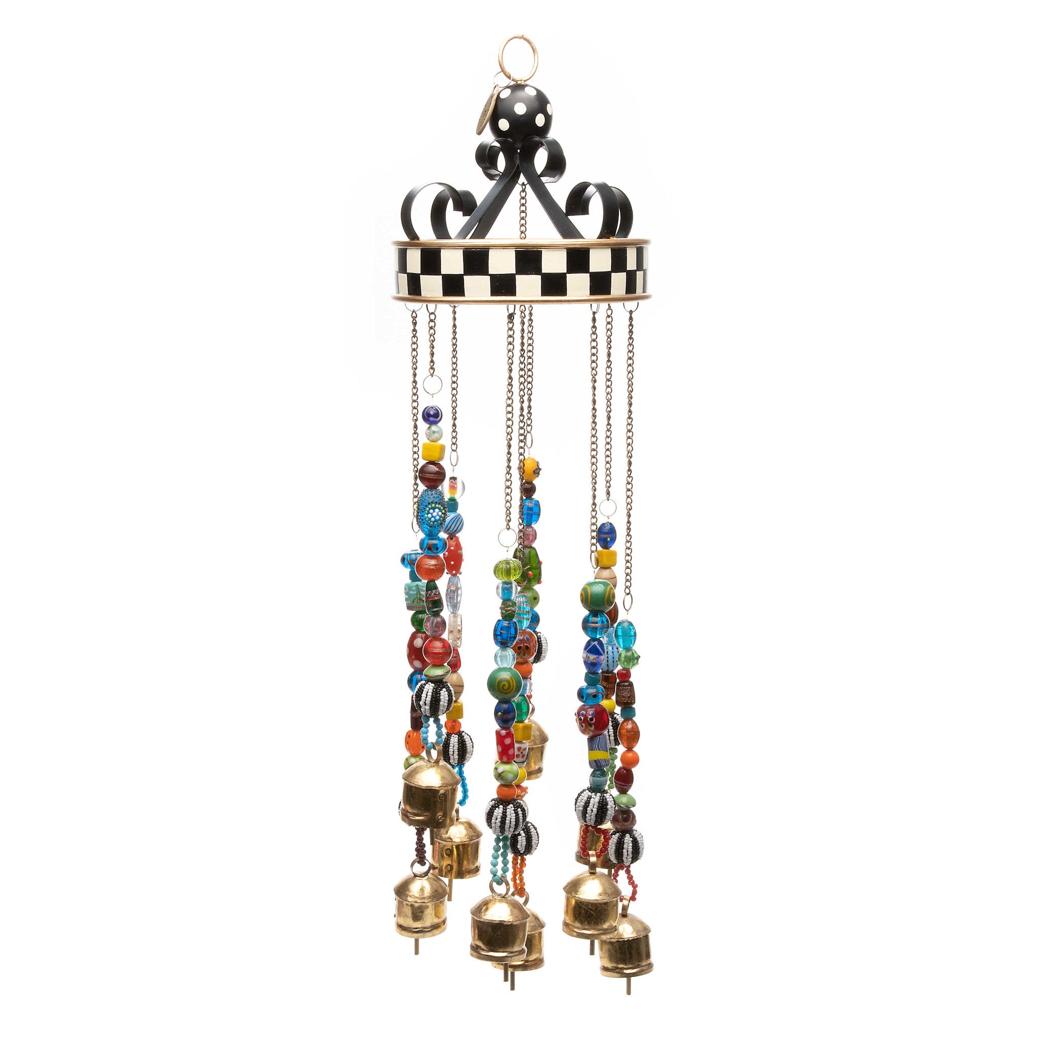 Handmade wind chimes with brass bells, glass beads, iron frame, and checked metal top.