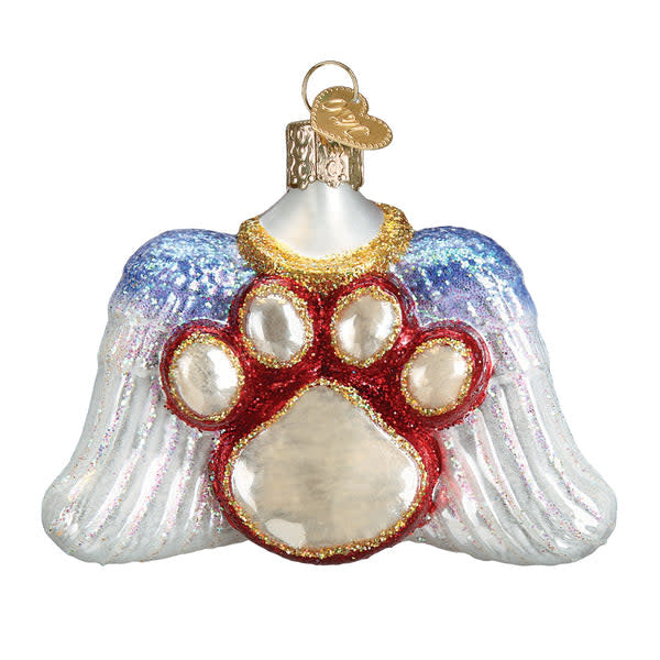 Beloved Pet ornament featuring a white paw print with gold angel wings on a clear glass background.