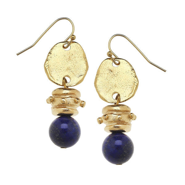 Midsize drop earrings with a gold Bentley Bead anchor and blue lapis lazuli stone detail on fish hook backs.