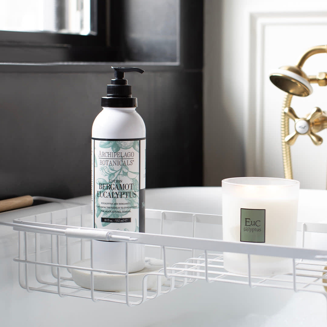 Bergamot Eucalyptus Body Lotion in a white bottle with green and gold label details.