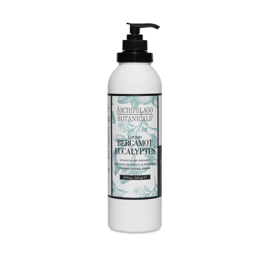 Bergamot Eucalyptus Body Lotion bottle with a white label and green botanical design.