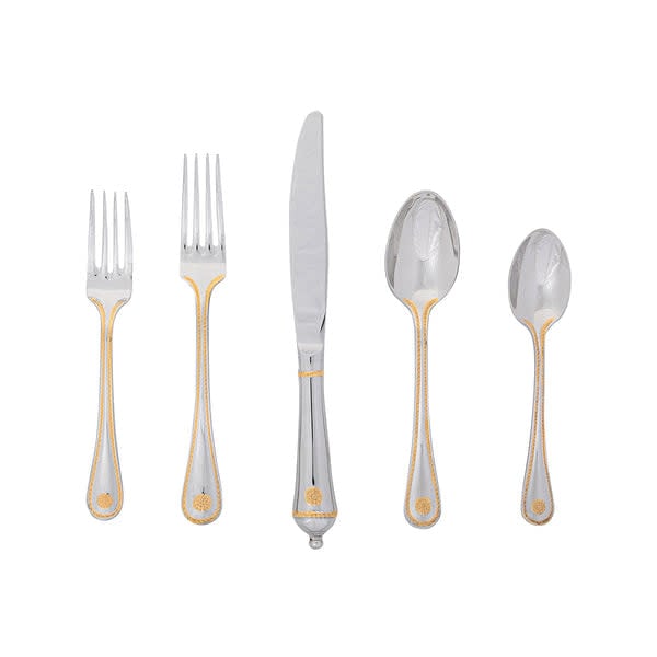 Five-piece Berry & Thread place setting with polished stainless steel flatware featuring delicate gold accents.