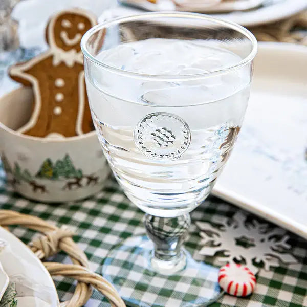 Footed glass goblet with berry medallion thread detail