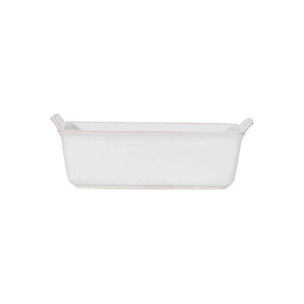 Ceramic loaf pan in whitewash glaze with a rectangular shape.