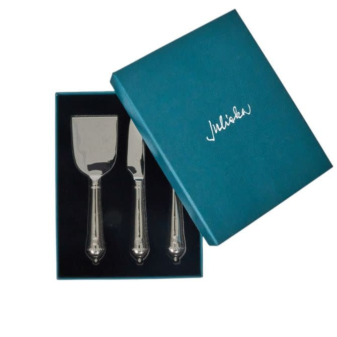 Set of two polished stainless steel cheese knives with a casual geometric pattern.