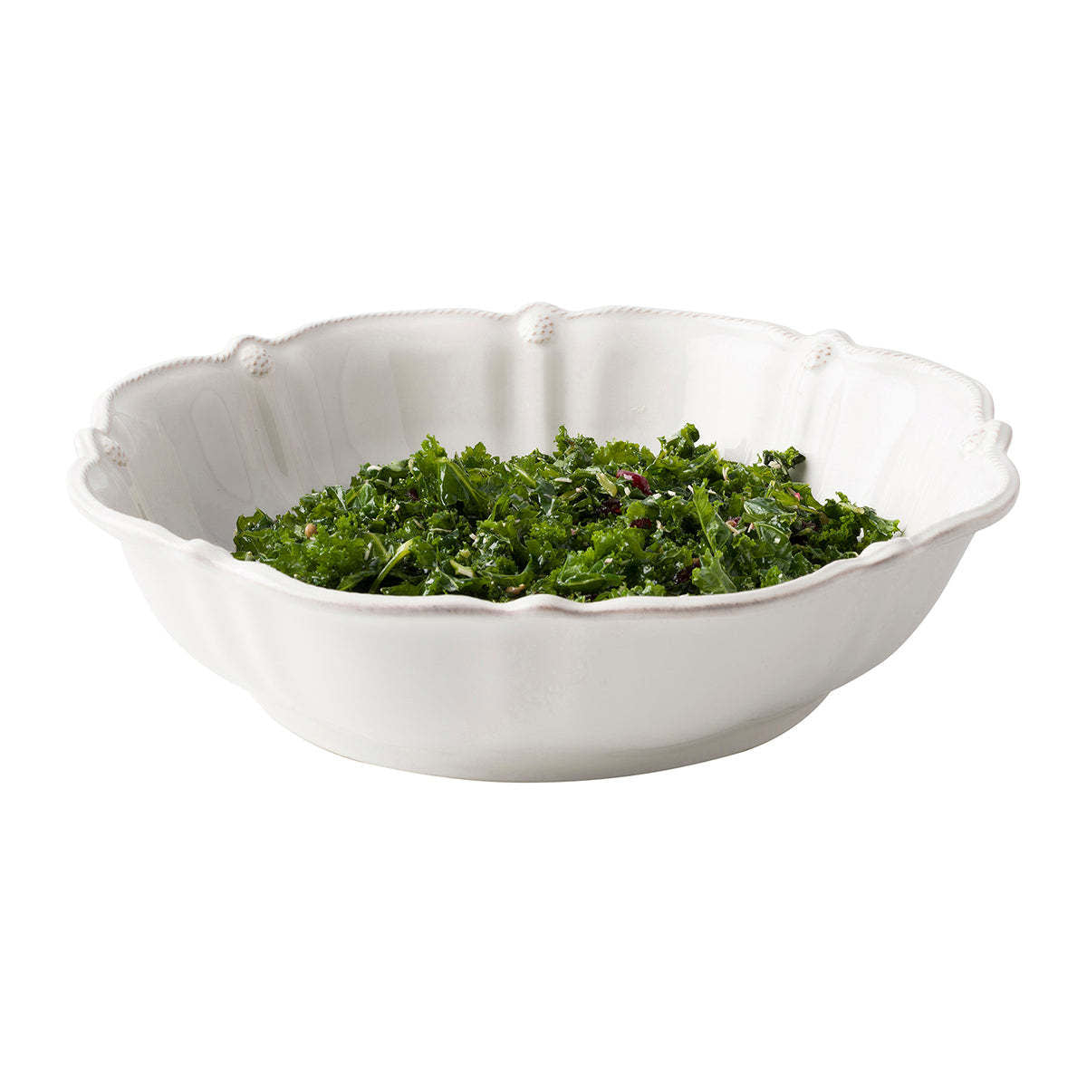 Large whitewash ceramic serving bowl with subtle ruffled rim edge