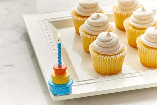 Mini birthday candle holder with 'Best Birthday Ever' text in colorful letters on a white background.