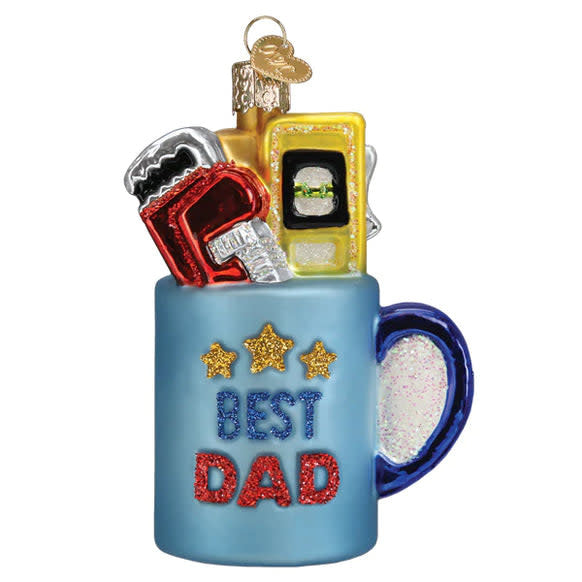 Glass mug-shaped ornament with a white ceramic handle featuring an illustration of a father figure.