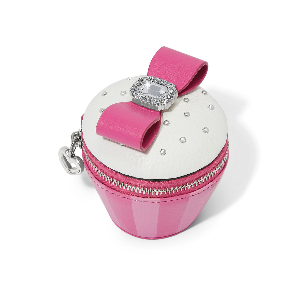White leather coin purse with pink cupcake zipper pull