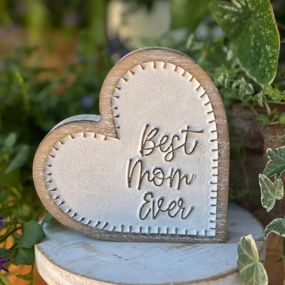 Carved wooden heart with stitched edging featuring the text Best Mom Ever