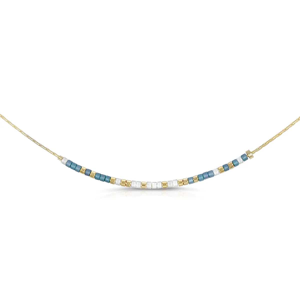 Morse code necklace with iridescent denim blue and shimmering white glass beads on a silver chain.