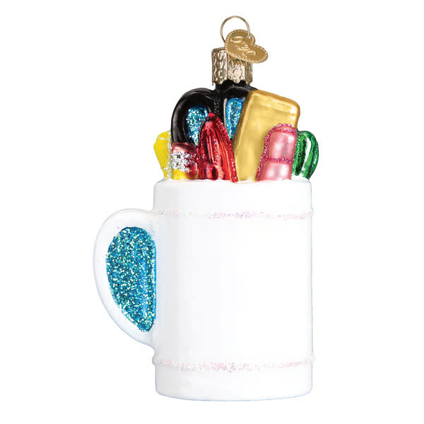 Back view of a Best Teacher mug ornament featuring white ceramic with printed text.