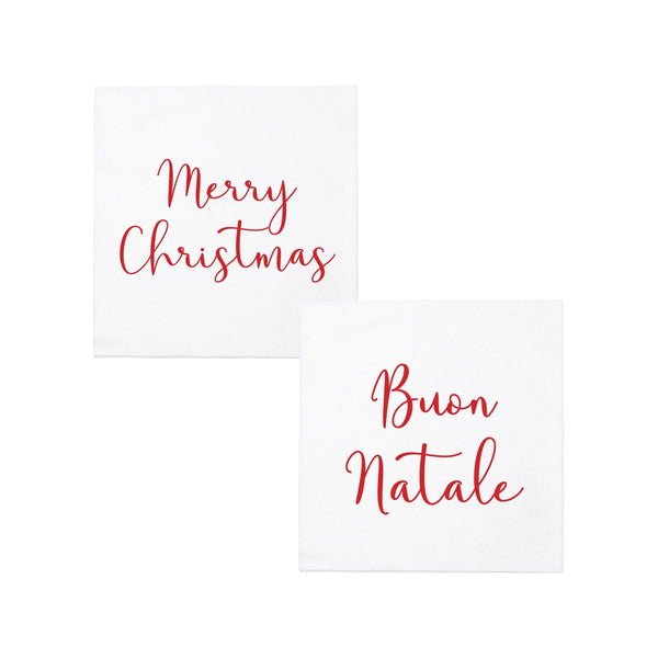 Folded white spunlace cocktail napkins with a red Merry Christmas pattern.