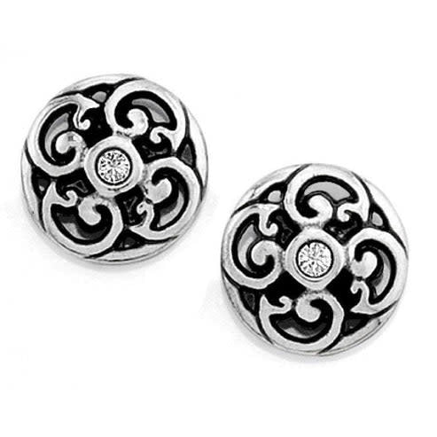 Silver plated mini post earrings with a delicate scroll accent featuring fine quality crystal.