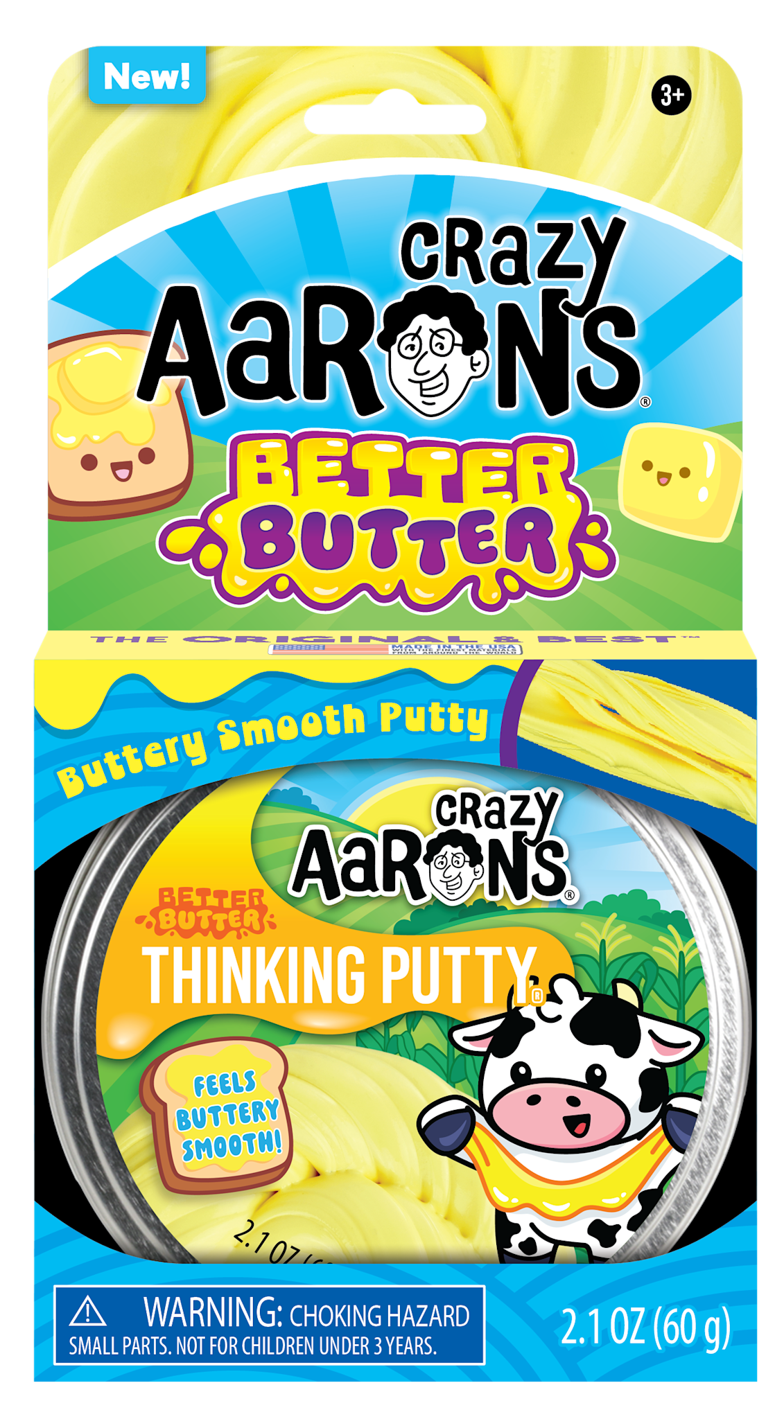 Tin container holding blue thinking putty with a smooth surface.