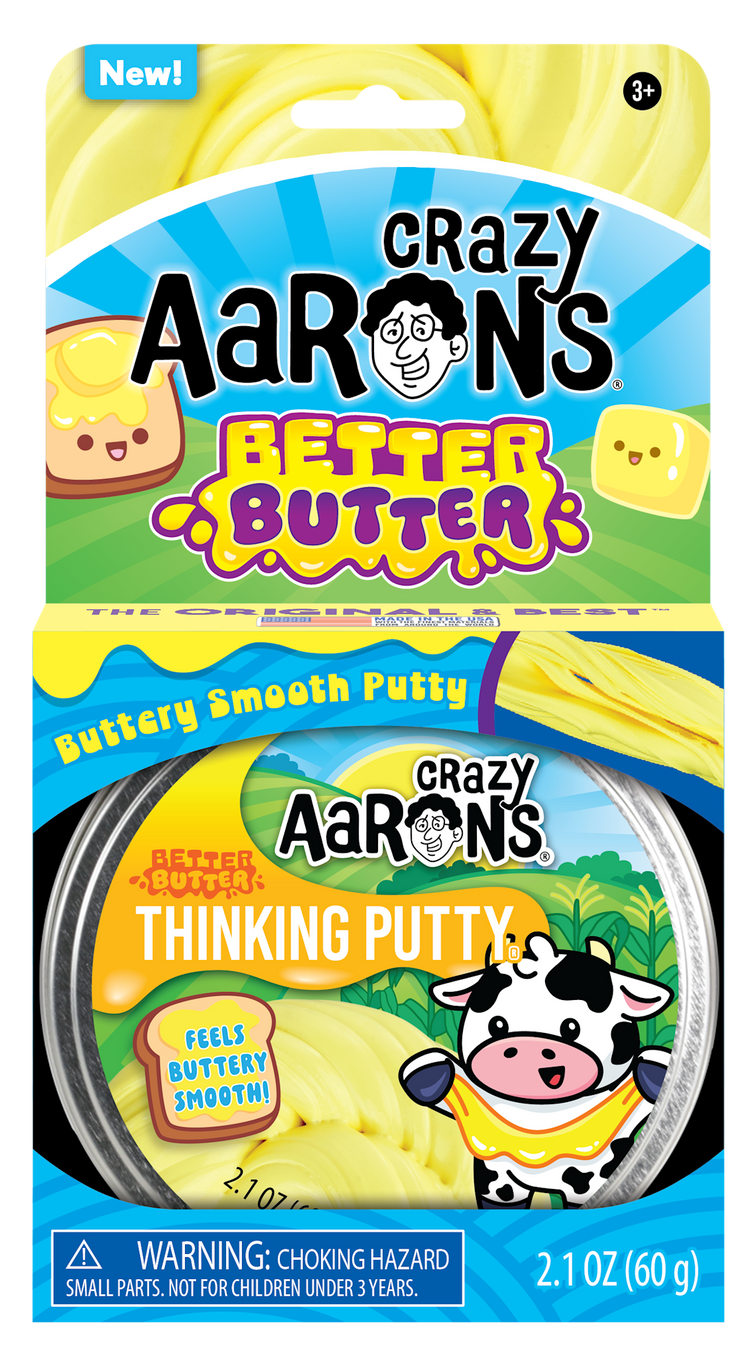 Tin container holding blue thinking putty with a smooth surface.