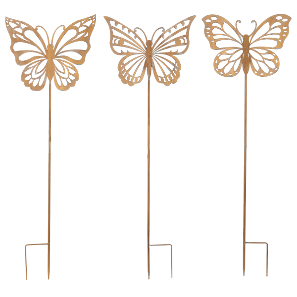 Laser cut metal garden stake featuring a butterfly silhouette with intricate wing patterns.