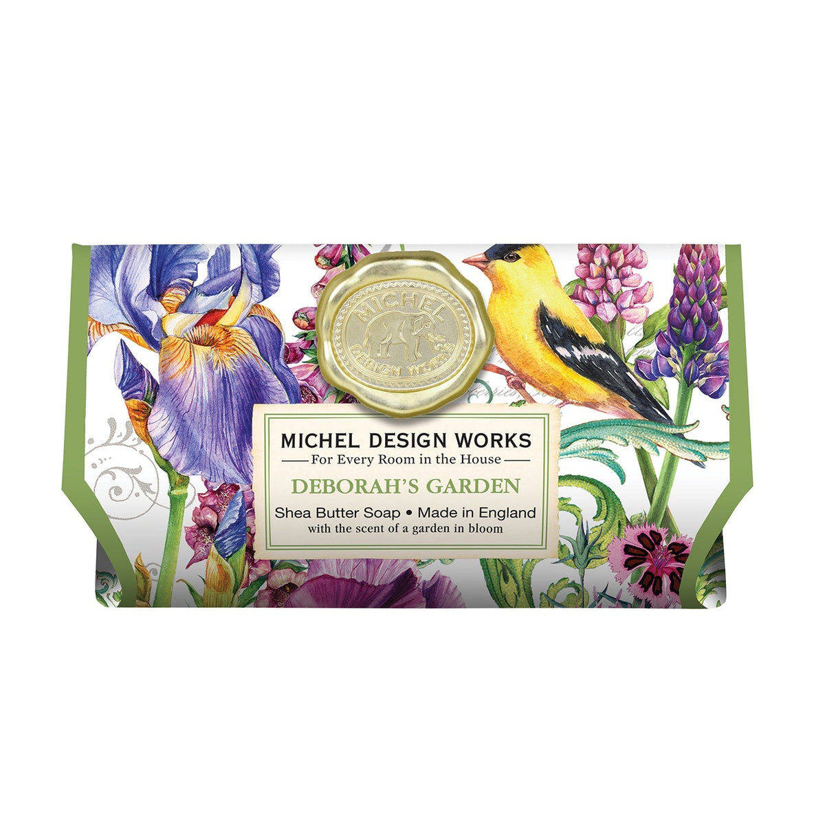 Michel Design Works Deborah's Garden shea butter soap bar with floral and bird illustration.