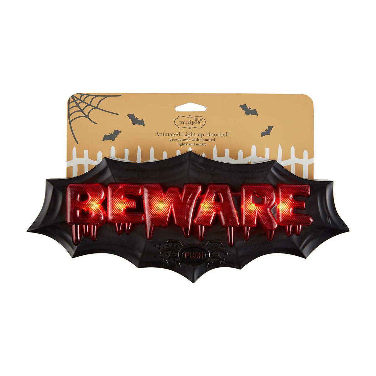 Plastic Halloween door decor shaped as a skull with glowing red eyes on a black background.
