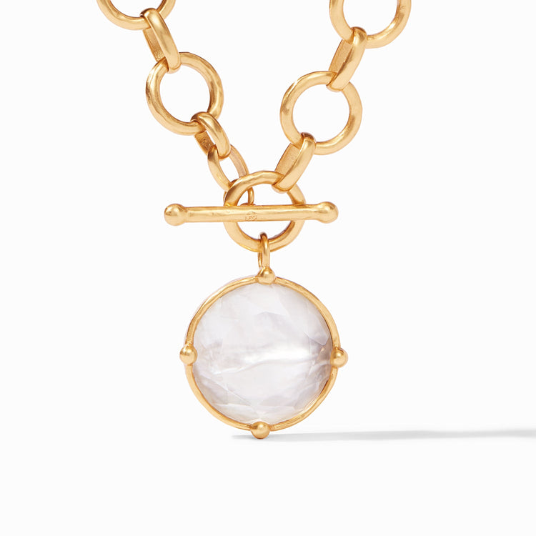 Honeybee Statement Necklace featuring a gold chain, toggle clasp, and round white faceted pendant.