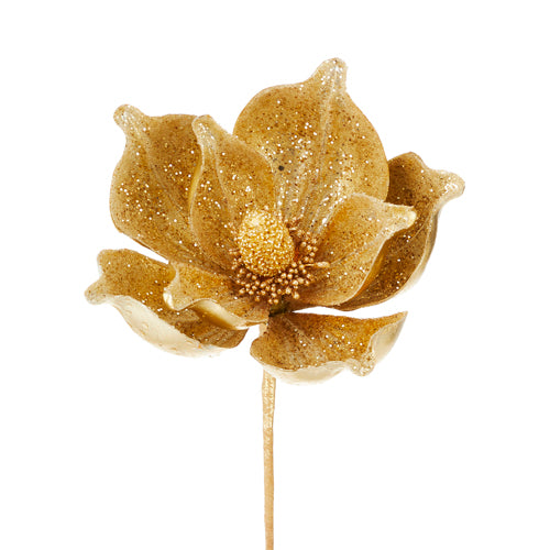 Artificial gold glittered metallic magnolia stem with foam base