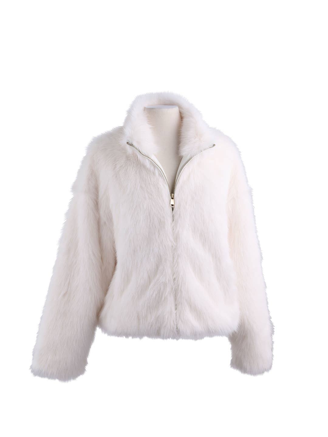 White faux fur jacket with a gold-tone zipper closure and high collar on a mannequin.