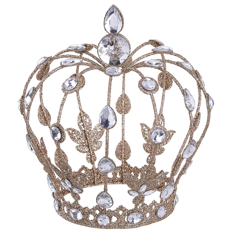 10-inch gold glittered metal crown with clear rhinestone accents and a large top jewel.