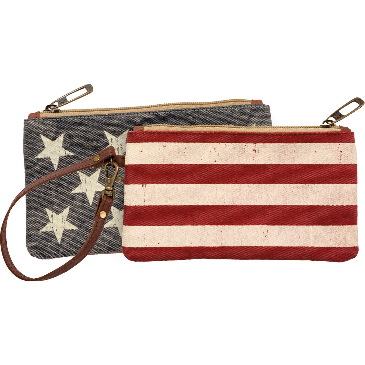 Stars Stripes canvas wristlet with leather trim featuring a red white blue pattern.