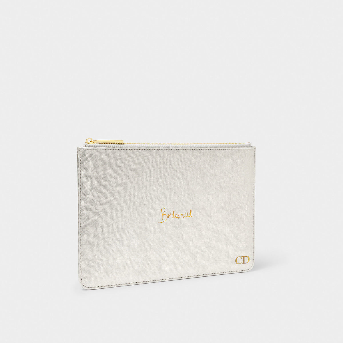 Silver Perfect Pouch with gold 'Bridesmaid' script and 'CD' initials on a white background.