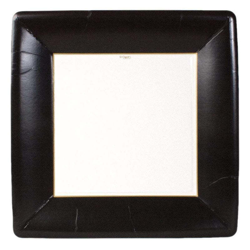 Square paper dinner plate with a white center and a wide black border.