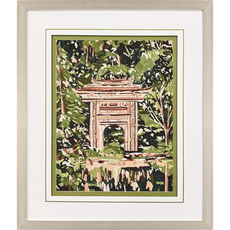Veiled Sanctuary framed wall art featuring a stylized painting of a temple gate in a lush forest.