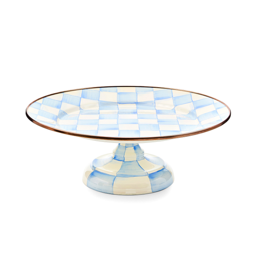 Hand-painted Sky Blue Check pedestal platter with bronzed stainless steel rim on heavy-gauge steel base.