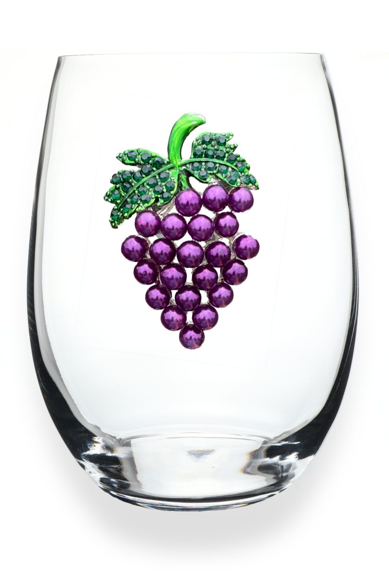 Handcrafted stemless wine glass with jeweled embellishments around the rim in clear crystal.