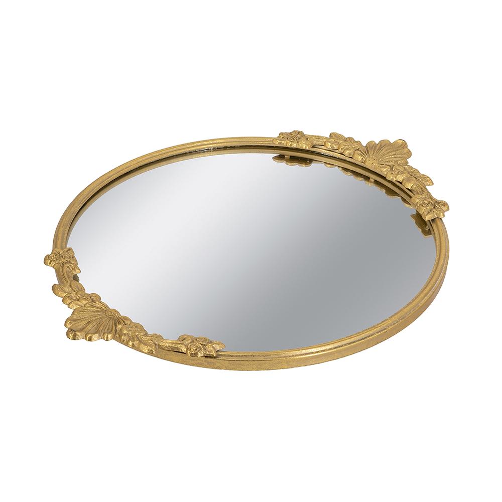 Gold iron frame mirror tray with intricate floral cutout detailing