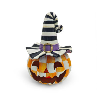 Orange checkered Happy Jack illuminated pumpkin with a glowing interior.