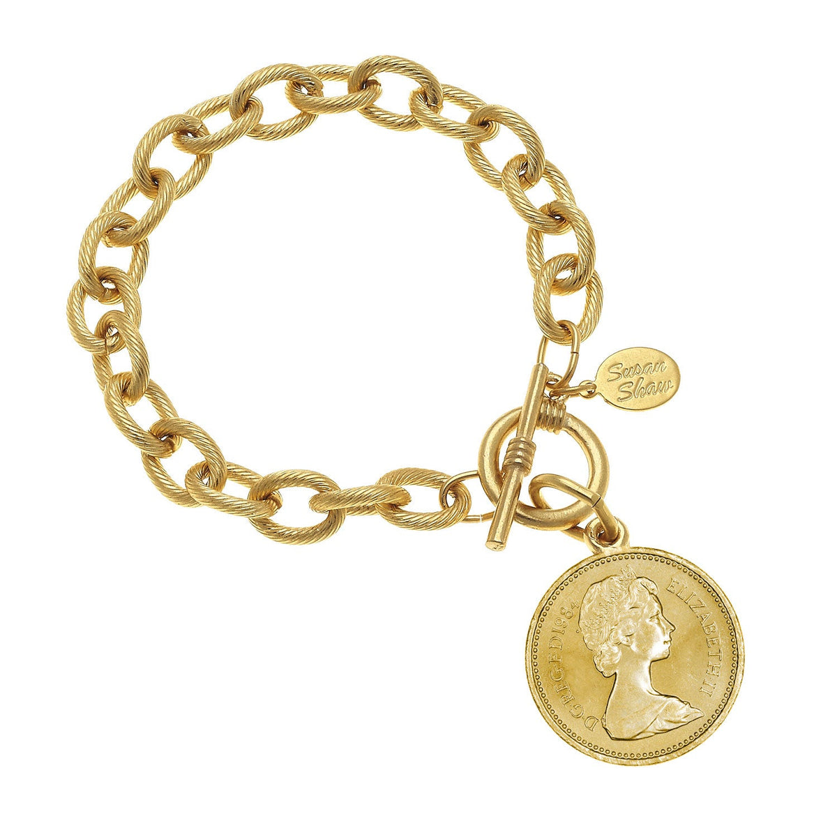 Gold chain bracelet with a Queen Elizabeth II coin pendant and a Susan Shaw brand tag.
